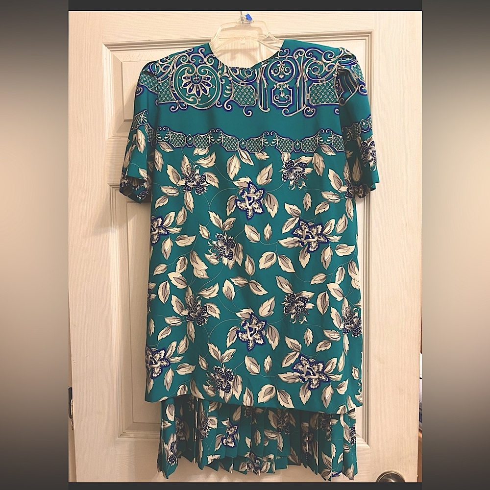 Vintage Kristy Petites Teal Green Floral Drop Waist Dress Pleated Skirt Size 10